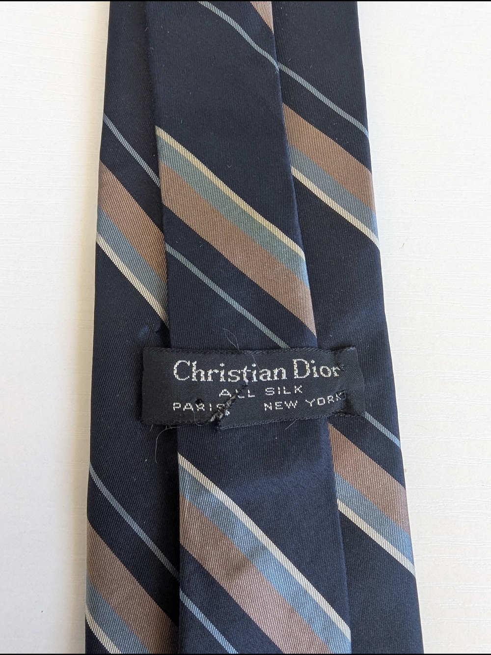 Dior Men’s Navy Silk Tie with Brown and Light Blue Stripes